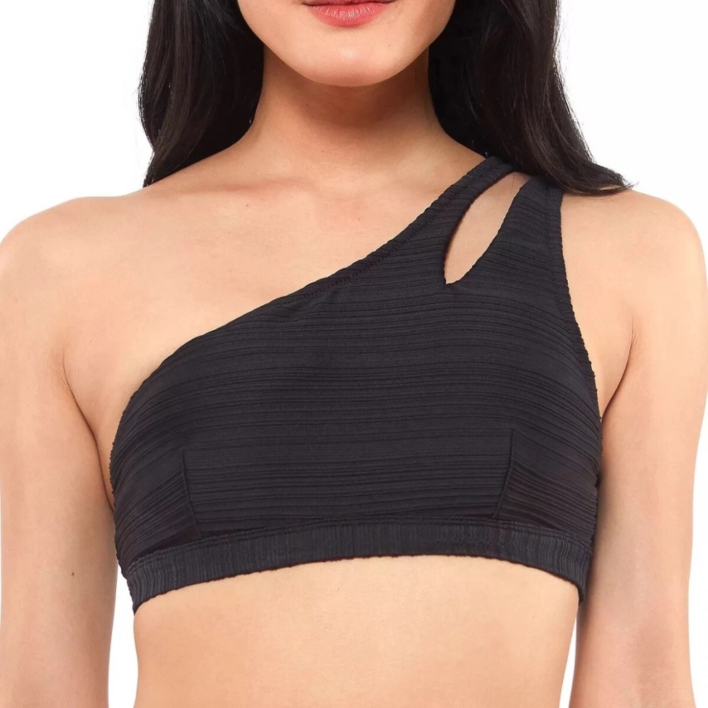 Jessica Simpson NWT Black Ribbed One Shoulder Swim Top, Size Large